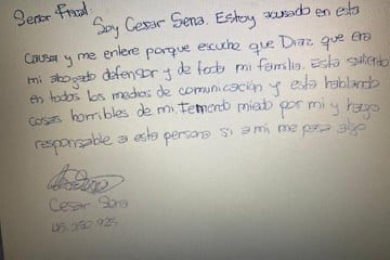 Desde la cárcel y en una carta, Sena dijo que teme por su vida