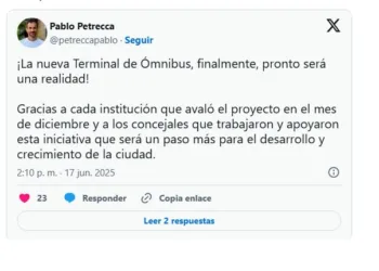 Petrecca celebró en redes la aprobación de la licitación de la nueva Terminal