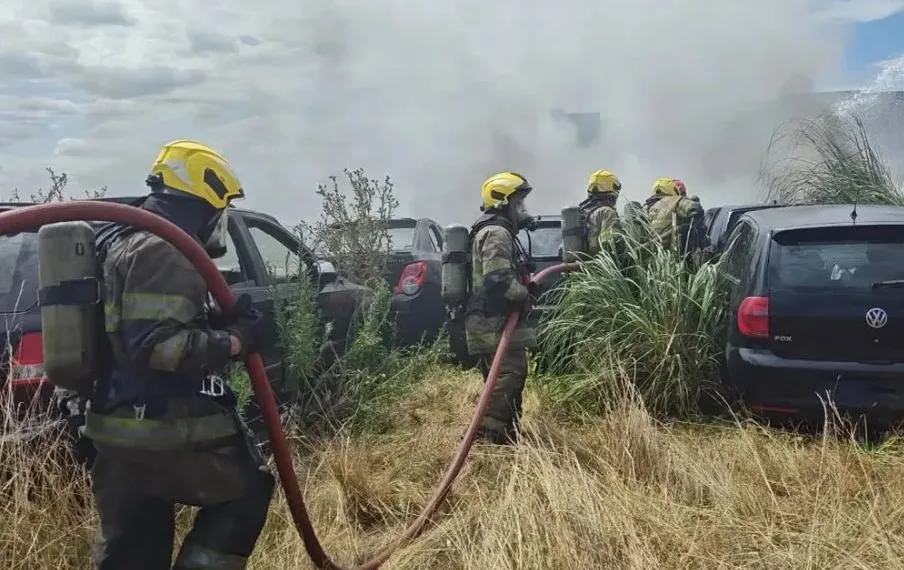 Un incendio arrasó con un depósito  de autos a metros de la Ruta 205